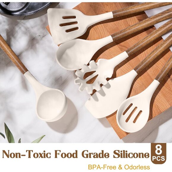 8-Piece Kitchen Set with Natural Acacia Wooden Handles Khaki Grade Silicone - Picture 9 of 13